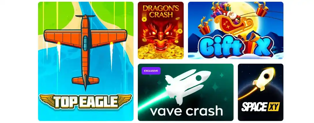 Top Eagle airplane and icons of crash games including Dragon's Crash, Gift X, and Space XY