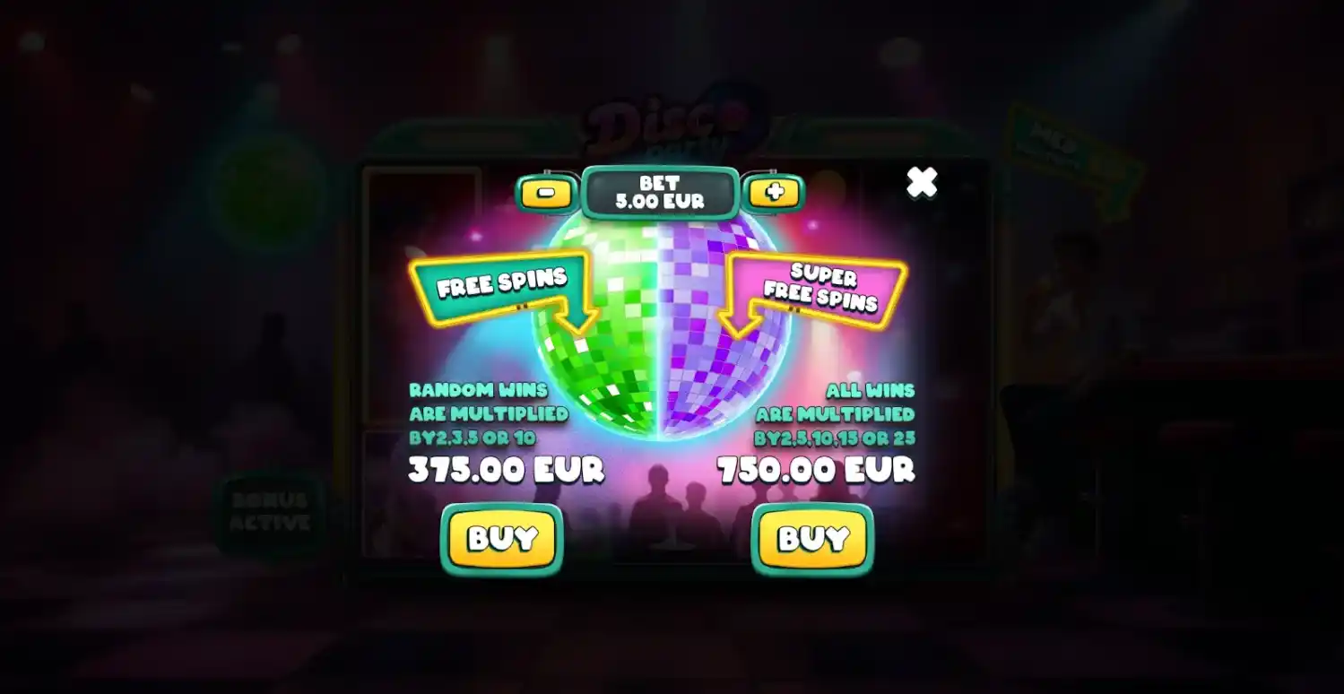 Disco Party slot showing high and low volatility modes with themed characters and drinks