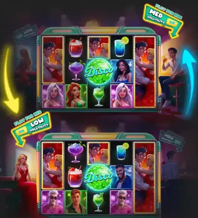 Disco Party slot showing high and low volatility modes with themed characters and drinks